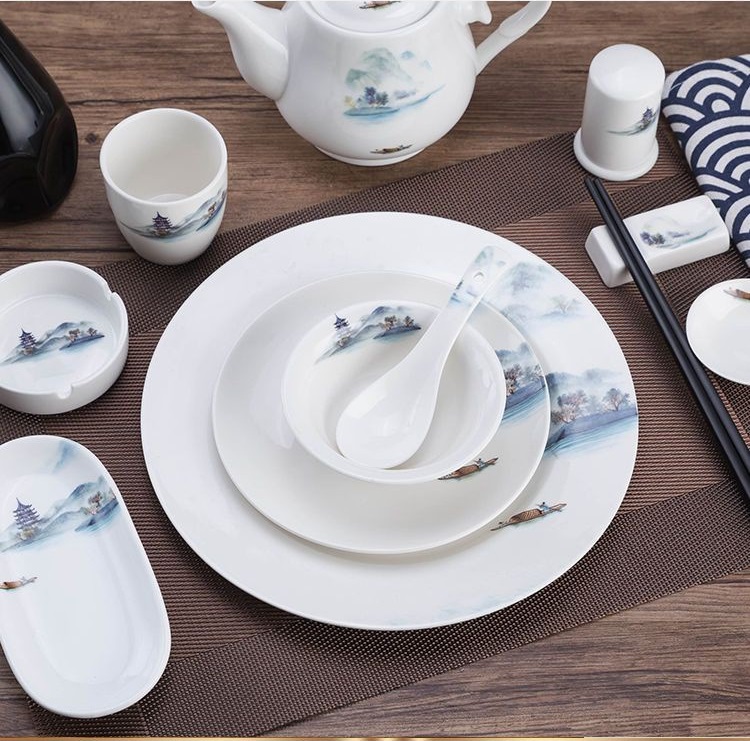 酒店餐具 中式五摆台餐具山水画陶瓷餐具